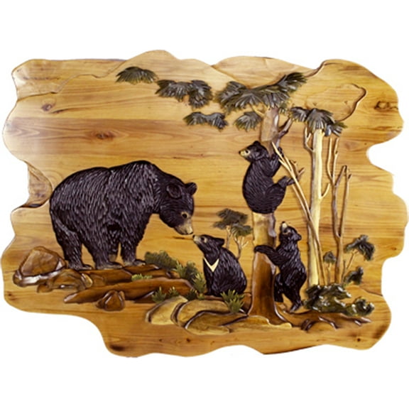 Zeckos Bear Cubs in Forest Hand Crafted Intarsia Wood Art Wall Hanging 30 X 38 X 2.5