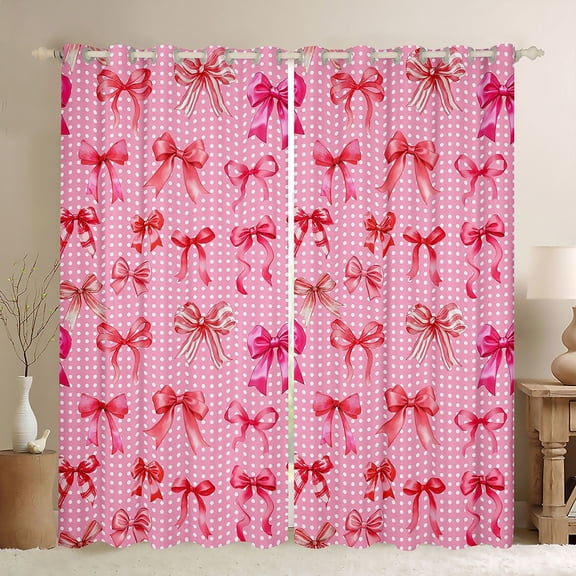 Feelyou Cute Bow-tie Pink Black Out Curtains for Kid, Kawaii Cartoon Ribbon Curtains Pack of 2 (42x63 Each), Fashion Polkadots Bedroom Curtains, Blackout Curtains Room Decor