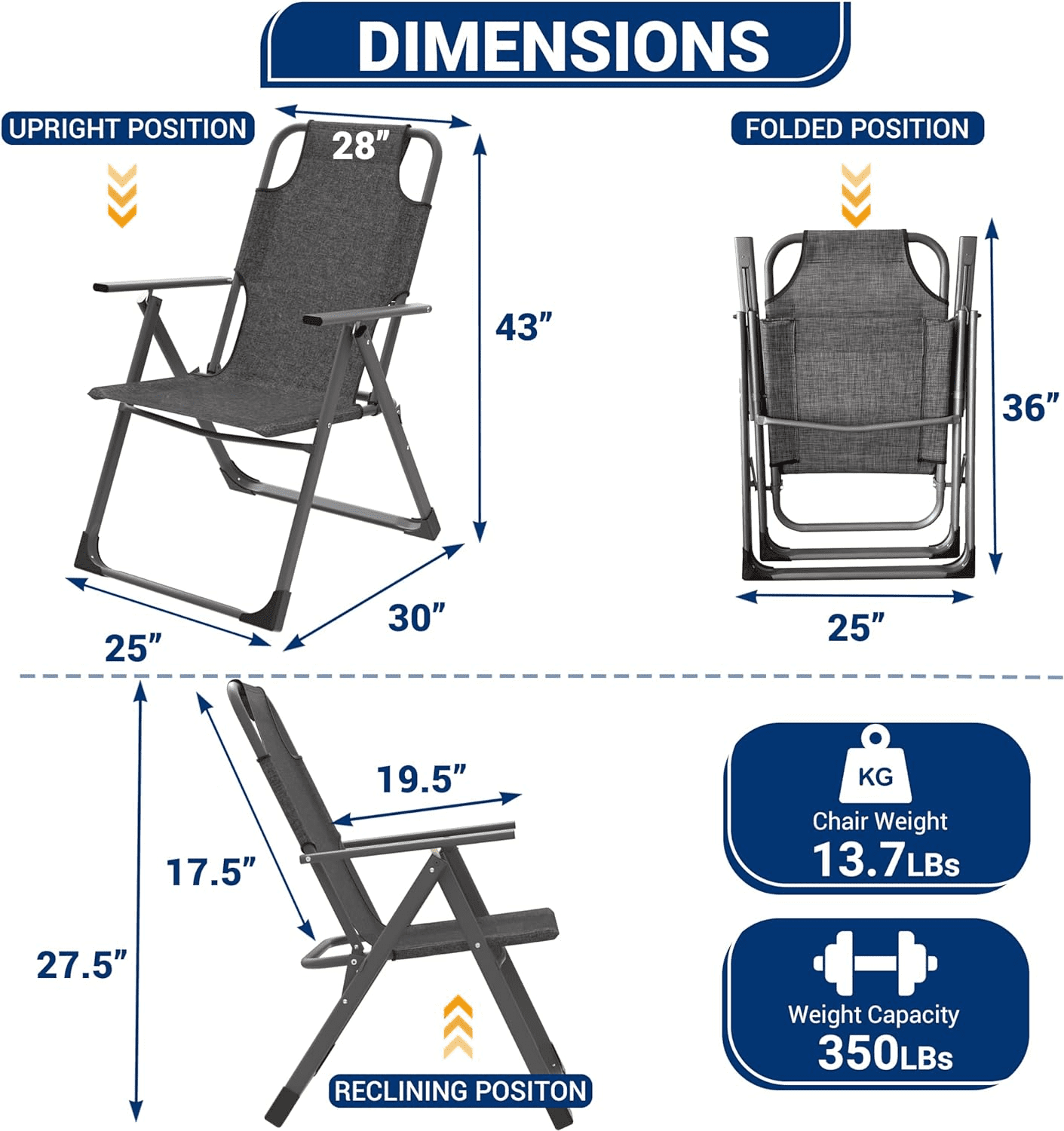 Amopatio Outdoor Folding Patio Sling Chairs Set of 2, Adjustable Recliner for adult, for Outdoor Camping Garden,300LB