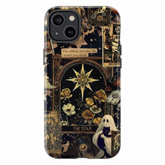 Mystical Tarot Phone Case with The Star & Death Cards, Ghost & Black Cat Phone Cover, Vintage Occult Magic Artwork for iPhone 16 15 14 13 12 Pro Max Plus Mini