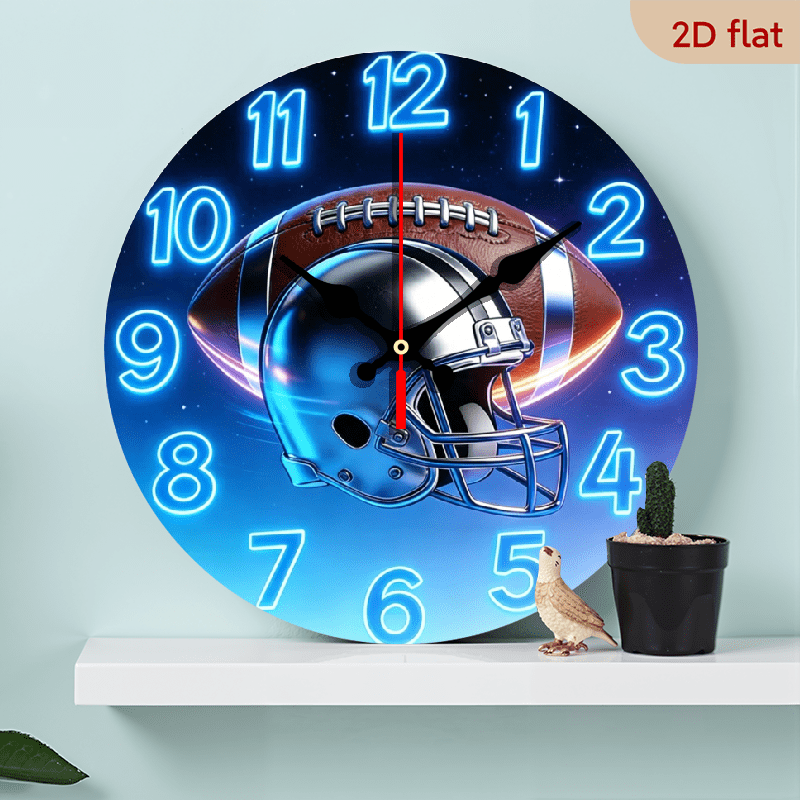 A 10-inch 2D flat wooden round wall clock, themed Neon Blue Football and Helmet. Suitable for bedroom, living room, office decoration. Perfect as a Mother's Day or holiday gift.