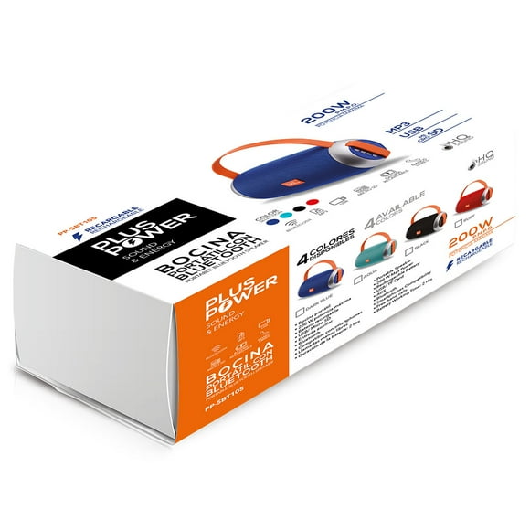 BOCINA PORTATIL C/BLUETOOTH, MP3,USB,SD, AUX, MANOS LIBRES, RECARGABLE 2 HRS. 200W. AQUA Plus Power PP-SBT105AQ