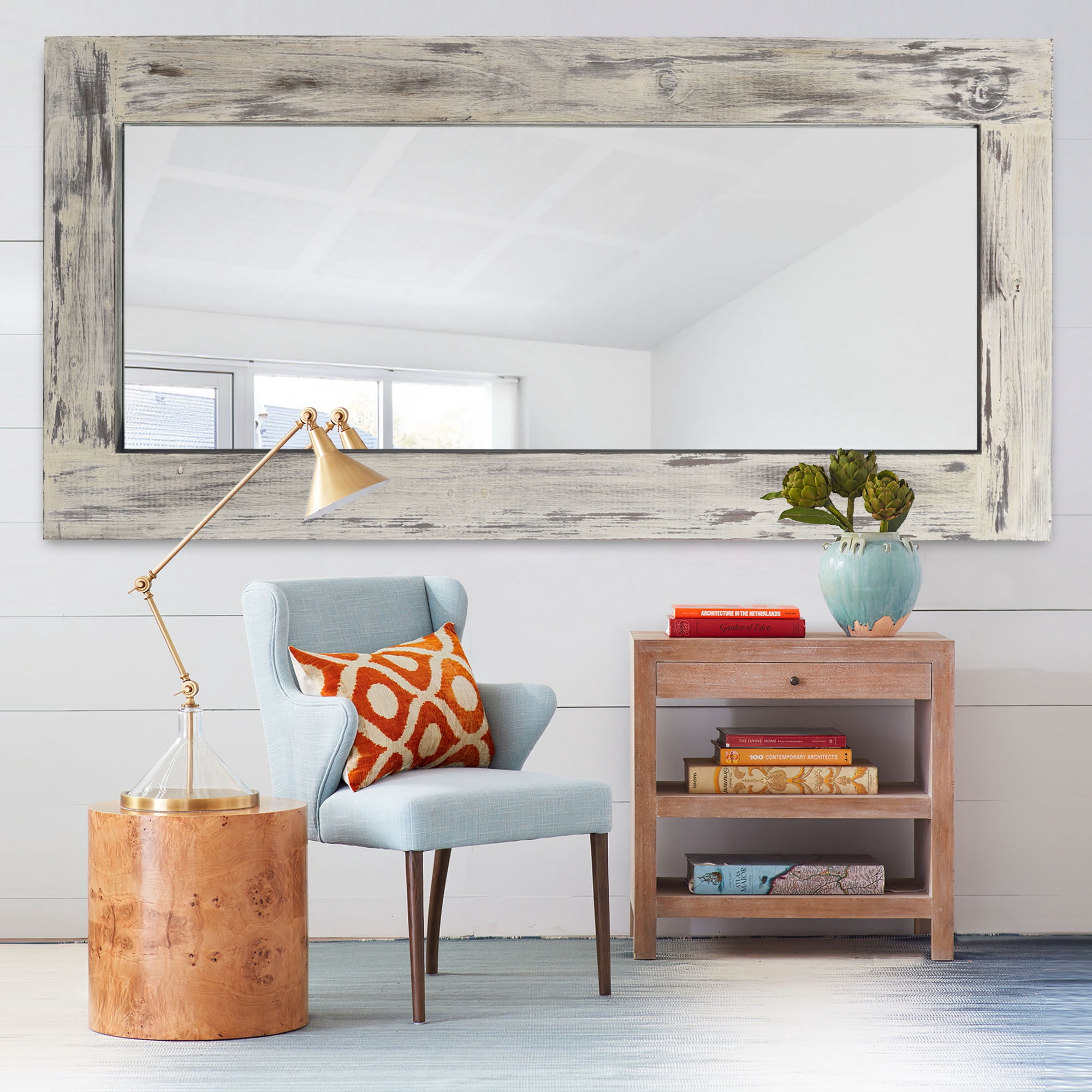 71"x32" Modern Rectangle Wood Full Length Mirror Floor Mirror without Bracket,Weathered White