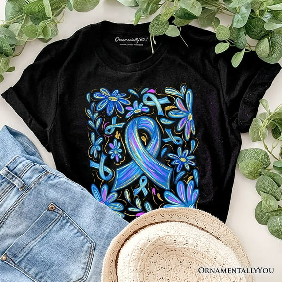 Diabetes Blue Ribbon Floral T-Shirt, Awareness Support Tee