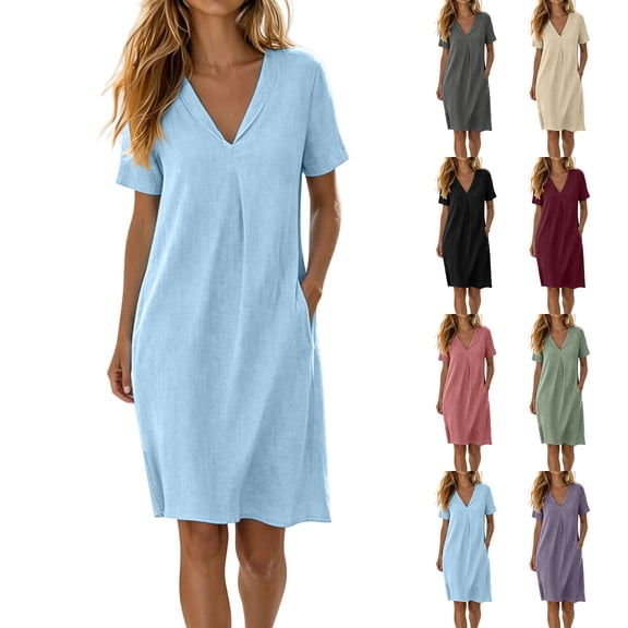 Umfun Comfy V-Neck Short Sleeve Cotton Dresses for Women with Side Pockets - Relaxed Fit T-Shirt Dress for Errands & Lounging