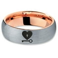 thumbnail image 2 of Tungsten Heart and Key Band Ring 7mm Men Women Comfort Fit 18k Rose Gold Dome Brushed Gray Polished, 2 of 4