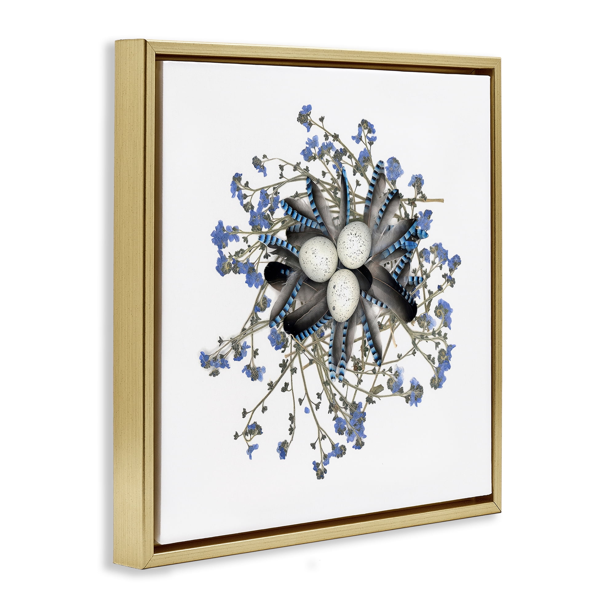Stupell Industries Feathered Nest & Blue Florals Gold Framed Floater Canvas Wall Art, design by Beth Adoette