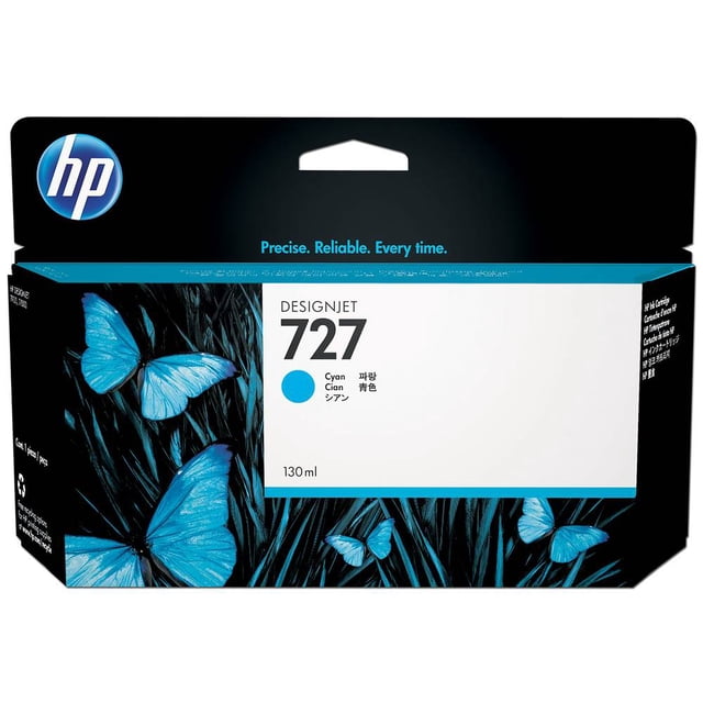 cartucho de tinta hp 727 cian 130 ml b3p19a caja frontal con logo HP y etiqueta "DesignJet 727"; empaque negro con ilustración de mariposas en tono cian, punto de color cian y texto que muestra 130 ml en el panel frontal, vista centrada del embalaje sellado.