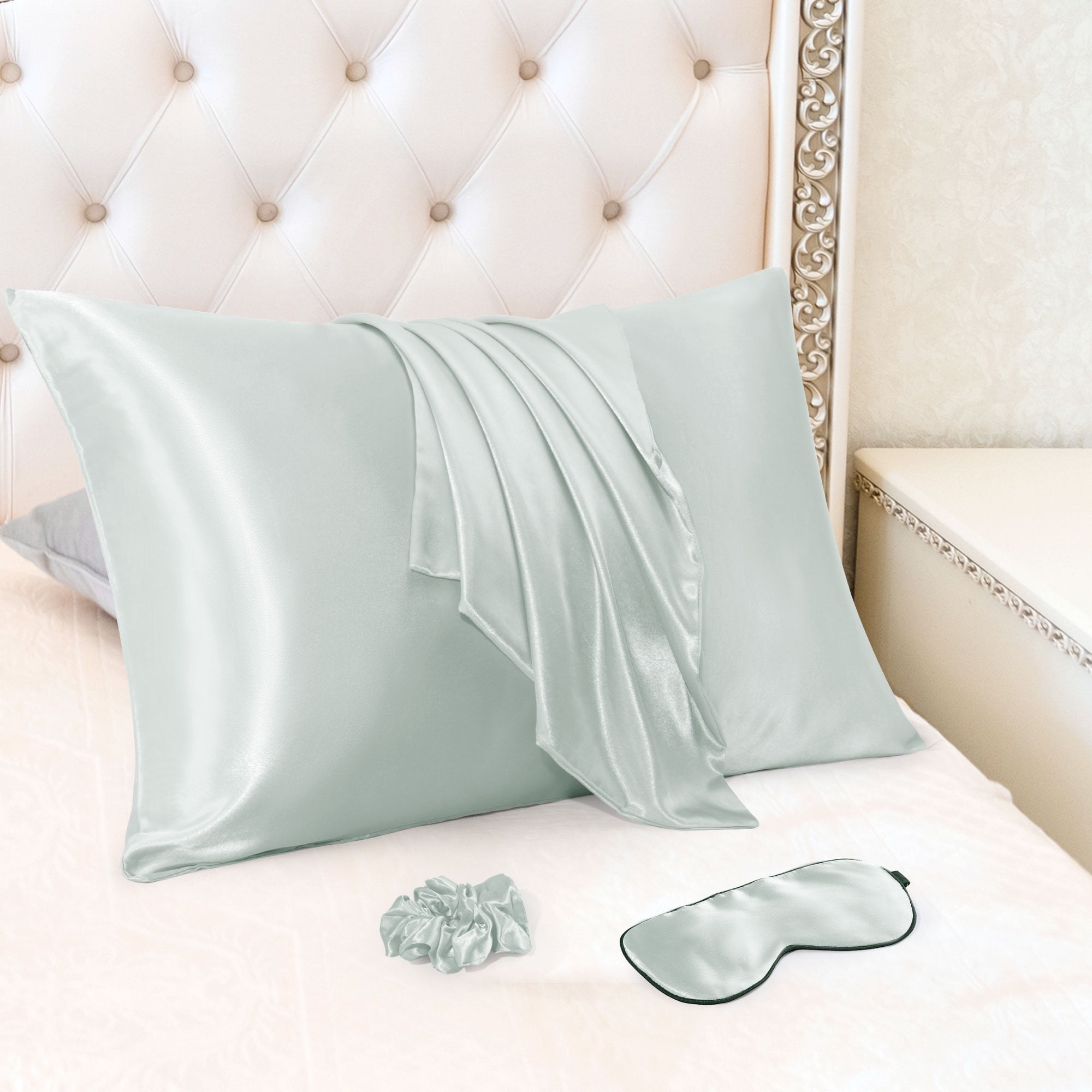 Unique Bargains Durable Soft Zippered Closure Set of 2 Satin Pillowcase Gray Queen(20"x30")