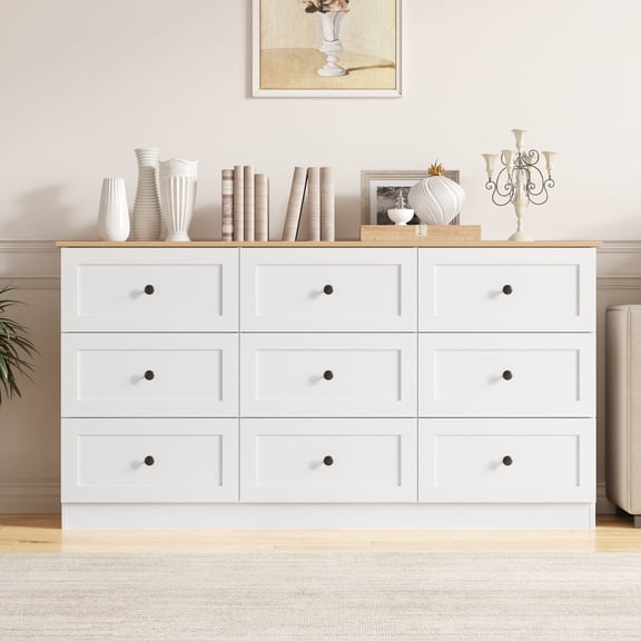 Modern 9 Drawer Dresser for Bedroom, 59" Wide Dresser, Large Chest of Drawers, TV Stand for 65 inch, Storage Organizer with Metal Handles for Bedroom, Living Room, Hallway White