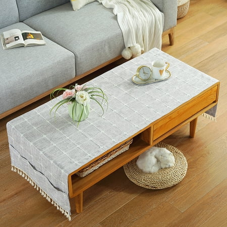 

European Style Cotton Linen Fabric Table Cover With Pockets Lattice Tablecloth With Tassels Washable Rectangular Tablecloth Suitable For Tea Table-D-70*160cm