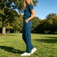 thumbnail image 4 of Outfits 2026 Two Piece Lounge Set Women's Summer V-Neck Color Blocked Pocket Top Drawstring Pants Protective Suit Set Dark Blue S, 4 of 6