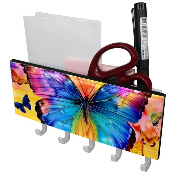 PhooArto Key Holder for Wall Decorative with 5 Key Hooks, Rainbow Butterfly Colorful Holders Wall Mount Organizer with Mail Key Rack, Self Adhesive