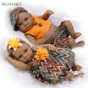 BadPiggies Set of 2 Full Body Silicone 11" Reborn Twins Baby Dolls Soft Vinyl Lifelike American Indian Style Black Skin Newborn Dolls Gift (Boy & Girl)