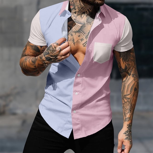 Men's Athletic Shirts Moisture Wicking Color Block Hawaiian Shirts Button Down Lightweight Water Activities Blouse with Pockets ,S-4XL