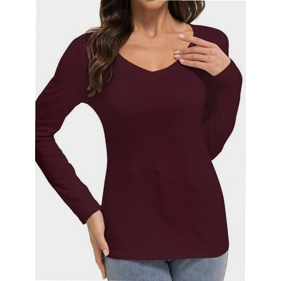 Womens Fall Deep V Neck Long Sleeve Shirts Modal Slim Fit Basic Tee Tops