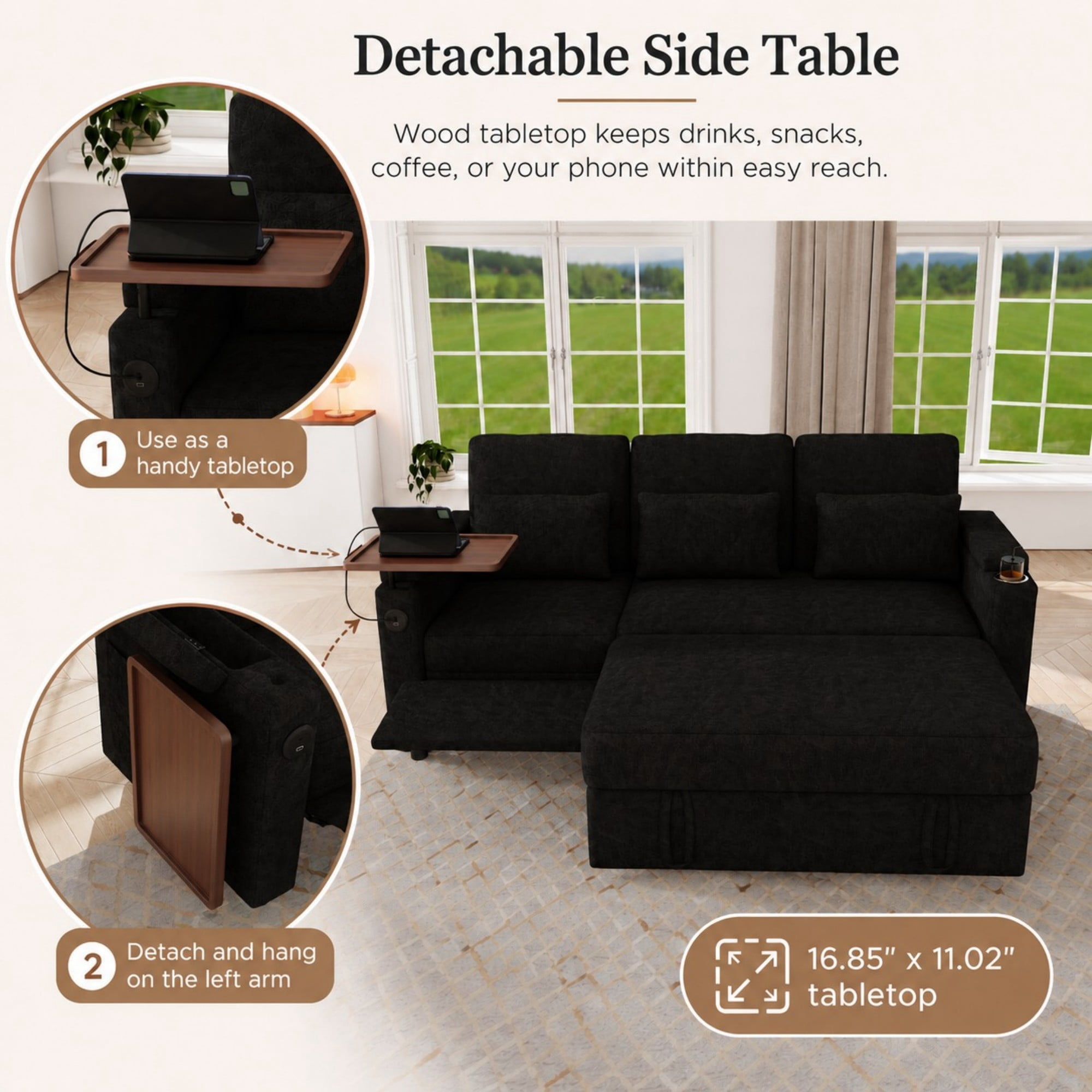 DEALTOPS 81" Chenille Pull-Out Sleeper Sofa Bed with Recliner, Tray Table, USB Ports & Storage, Black