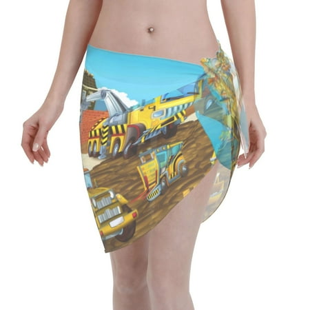 Qekee Different Construction Site Vehicles Women s Short Sarongs Cover Ups Sheer Bikini Wraps for Swimwear