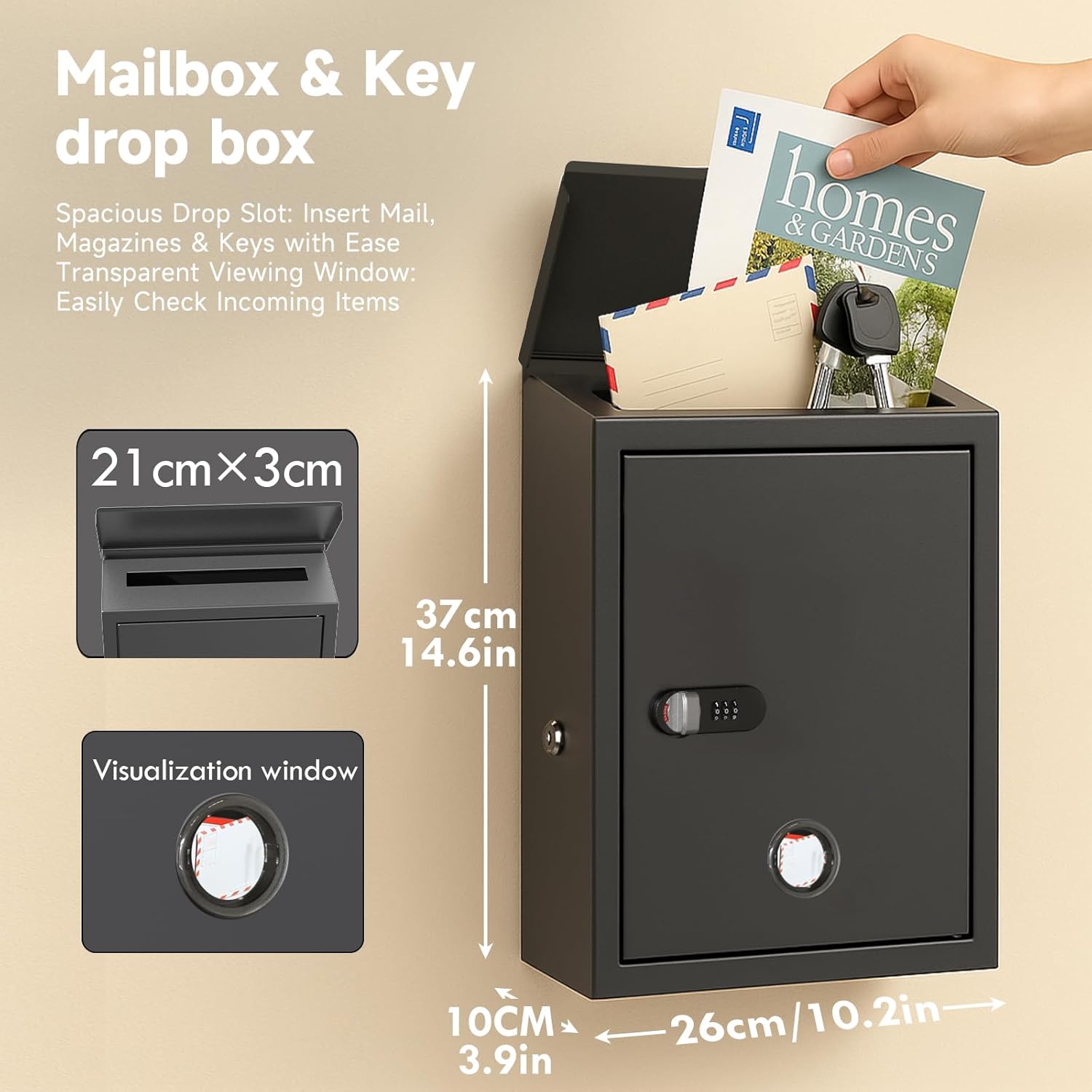 Mailbox with Combination & Key Unlock, Metal Mail Box Wall Mount, Business Key Drop Box, Locking Post Box for House, Weatherproof, Large Capacity, Black