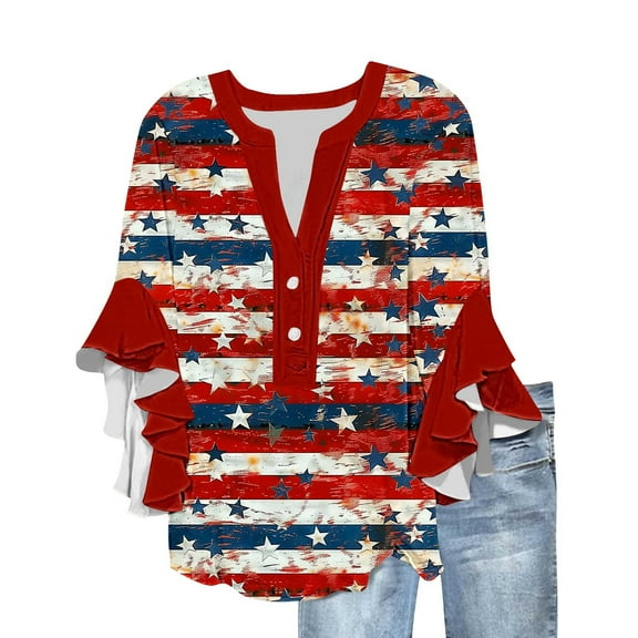 Youyipin womens tops 3/4 Sleeve Casual American Flag 4Th of July Henley Notched V Neck T Shirts Loose Fit graphic tees for women