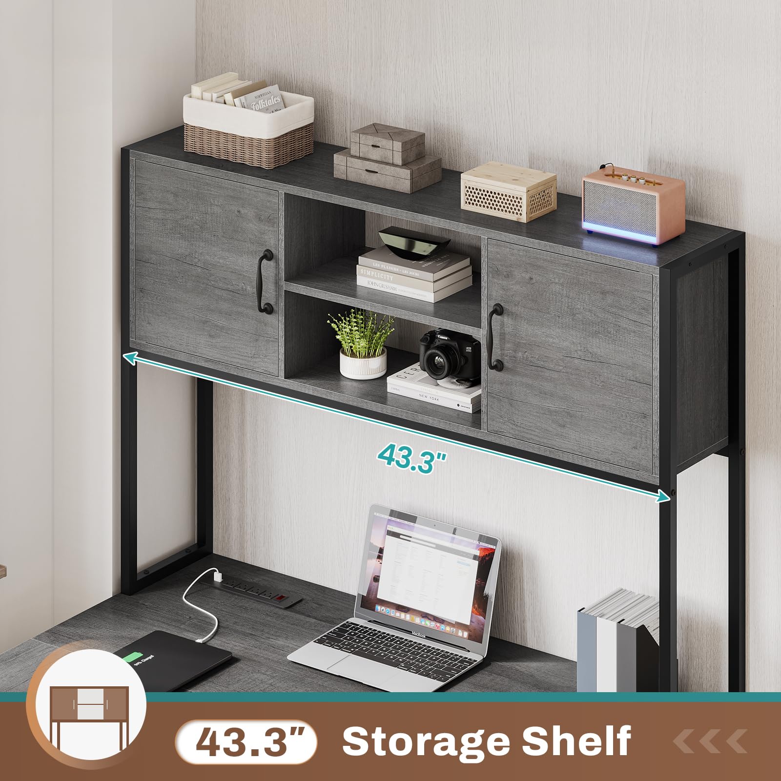 L Shaped Computer Desk 2 Drawers, Reversible Home Office Desk with Led Lights, Hutch and Storage Shelf
