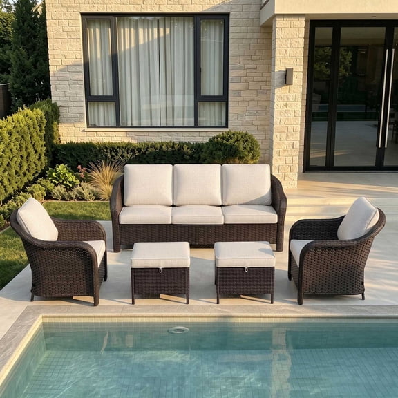 Joyside 5 PCS Outdoor Conversation Set with 78" 3-Seat Sofa, 2 Chairs & 2 Ottomans, Wicker Patio Furniture Set with Removable Cushions for Bistro, Deck, Sunroom, Beige