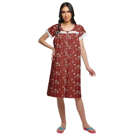 

Moomaya Printed Cotton Lace Border Sleepwear Women Short Sleeve Nightdress