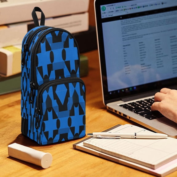 Backpack Pencil Case, 3 Compartment Large Capacity Oxford Fabric Pencil Pouch / Dark Blue Black Plaid