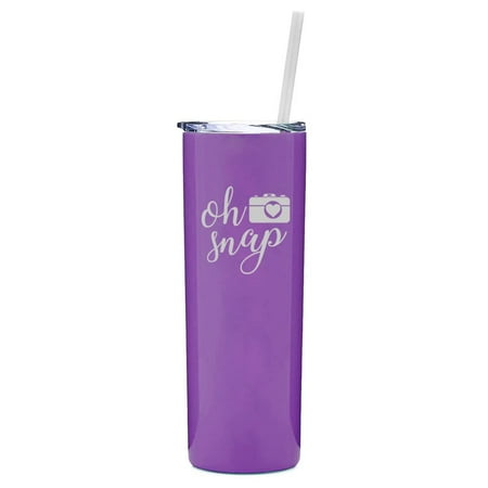 

20 oz Skinny Tall Tumbler Stainless Steel Vacuum Insulated Travel Mug Cup With Straw Oh Snap Funny Camera Picture Photographer (Purple)