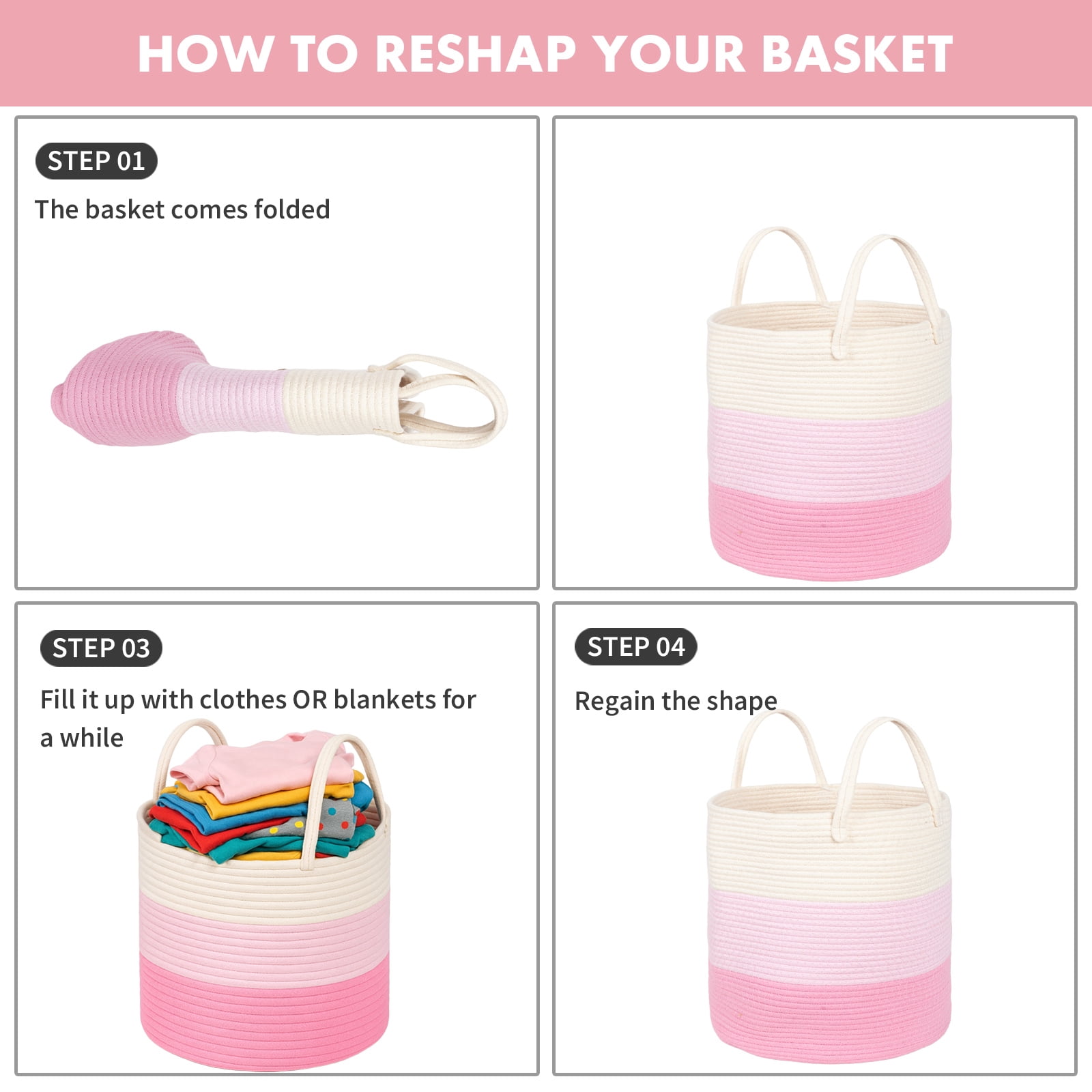 PinkSheep Laundry Basket, Collapsible Woven Cotton Rope Laundry Hamper Storage Baskets with Handles, Ivory & Pink