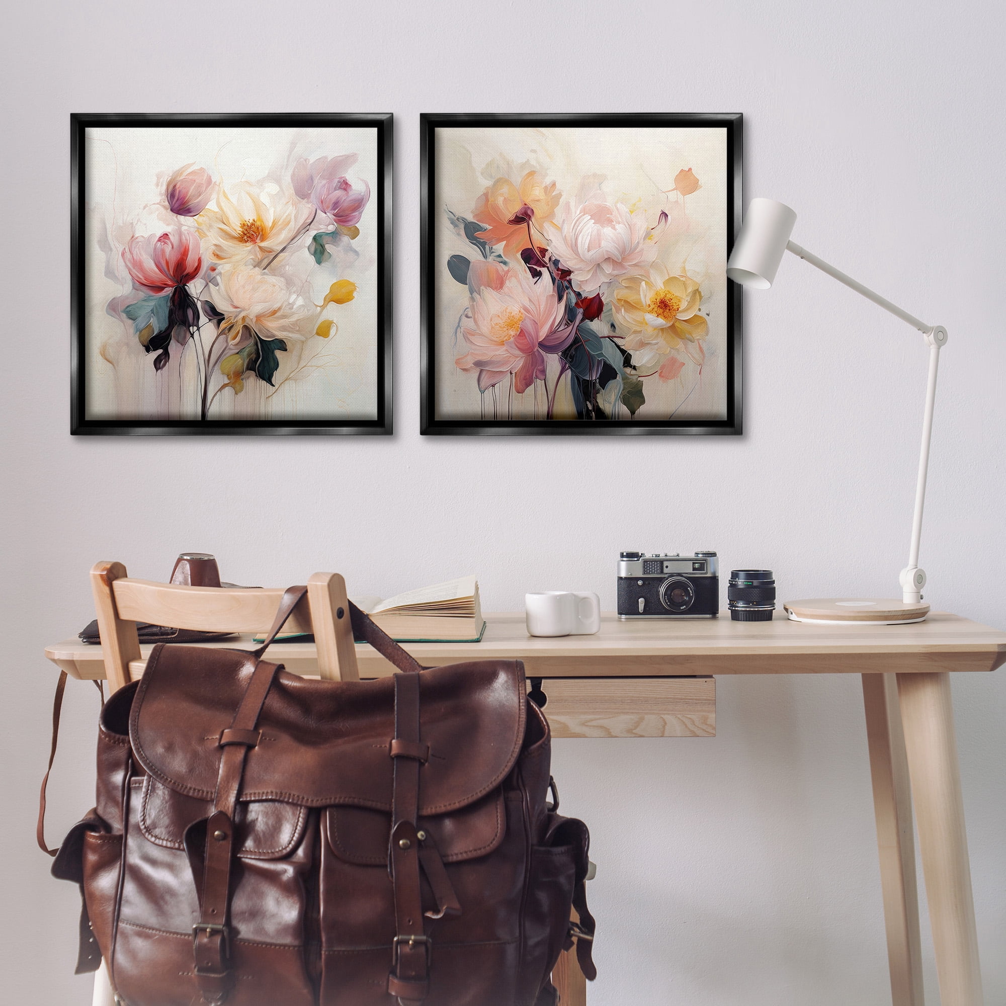 Stupell Industries Soft Blooms on Beige Botanical & Floral Painting Black Floater Framed Canvas Art Print Wall Art, 25 x 25, Set of 2