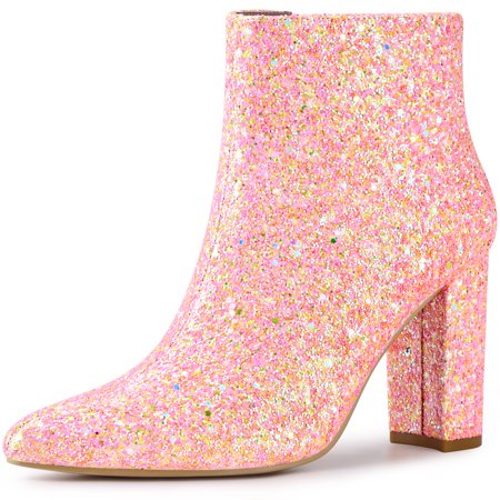 

Unique Bargains Women s Glitter Pointed Toe Chunky Heel Ankle Boots