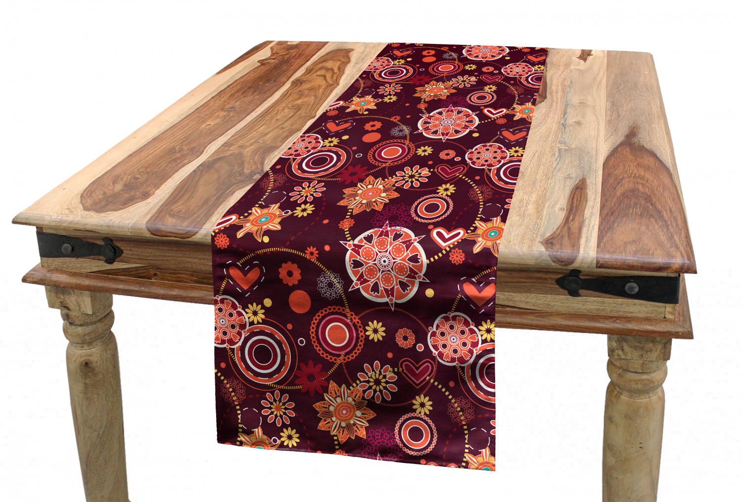 Floral Table Runner, Vintage Rich Foliage Pattern Ornamental Spring Flowers and Circles, Dining Room Kitchen Rectangular Runner, 3 Sizes, by Ambesonne