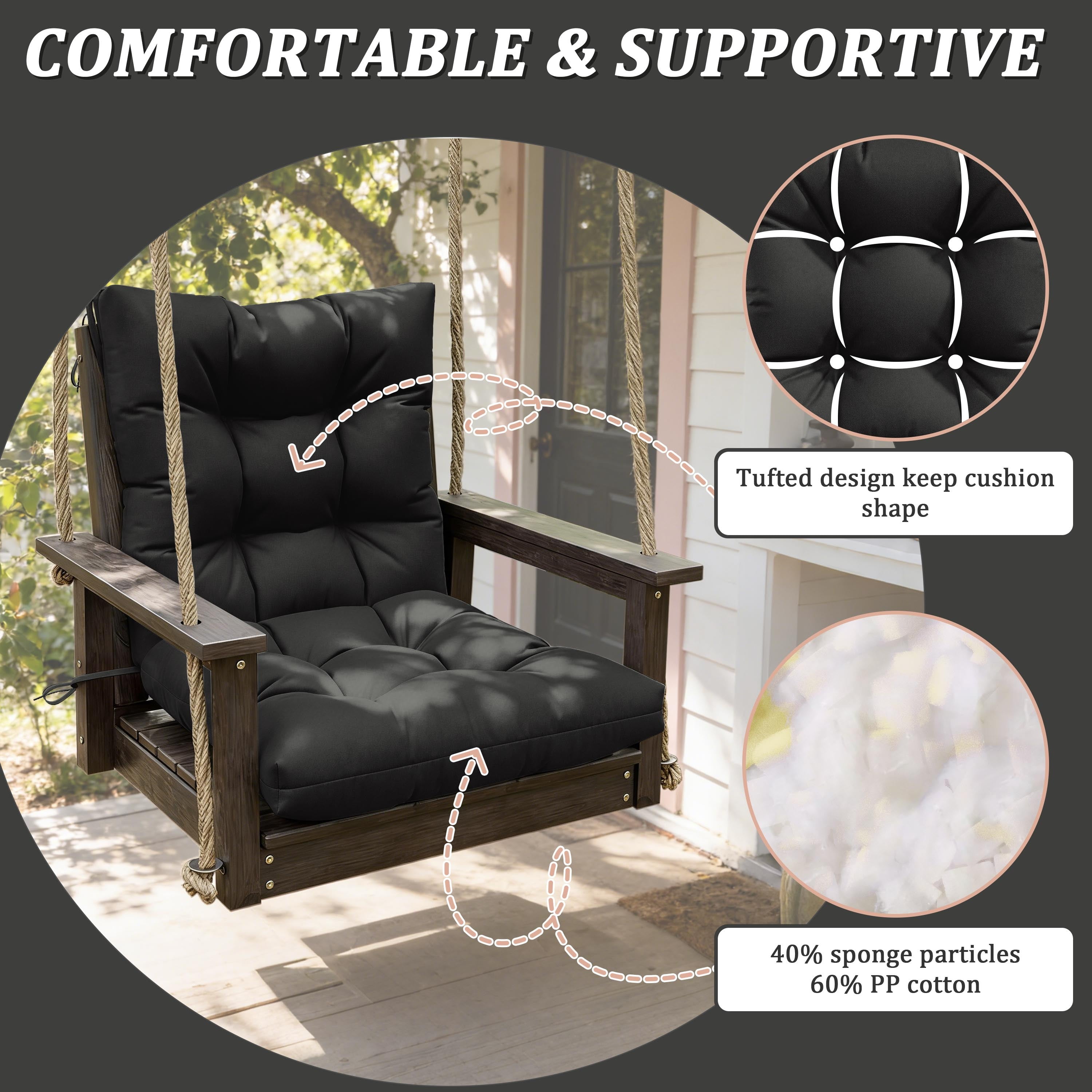 Kimunuk Outdoor Chair Cushions Set of 2, 42 x 21 x 5 in Non Slip Porch Swing Cushion Seat Back Cushions with Ties for Indoor Patio Rocking Chair, Black