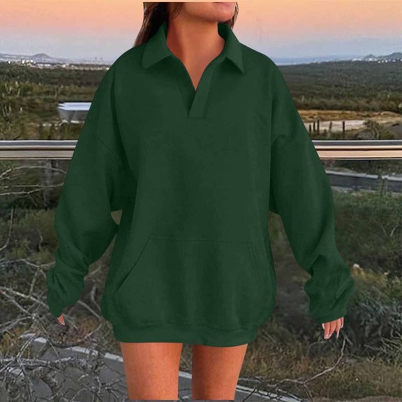 JUSLIO Womens Blouses Relaxed Fit with Pockets Sweatshirts Solid Long Sleeve Collar Sweatshirts Army Green L
