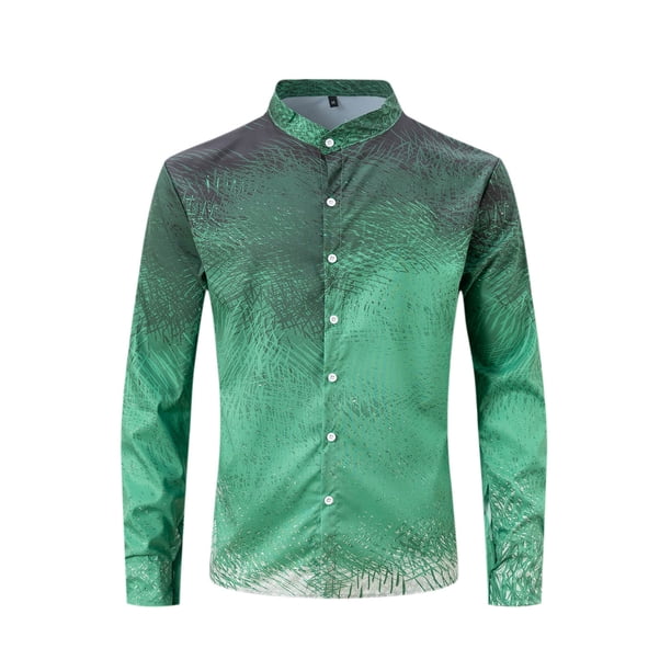 Blusa y camisa de manga larga con cuello alto para hombre, blusa de poliéster con estampado de botones y degradado, a la moda, para hombre