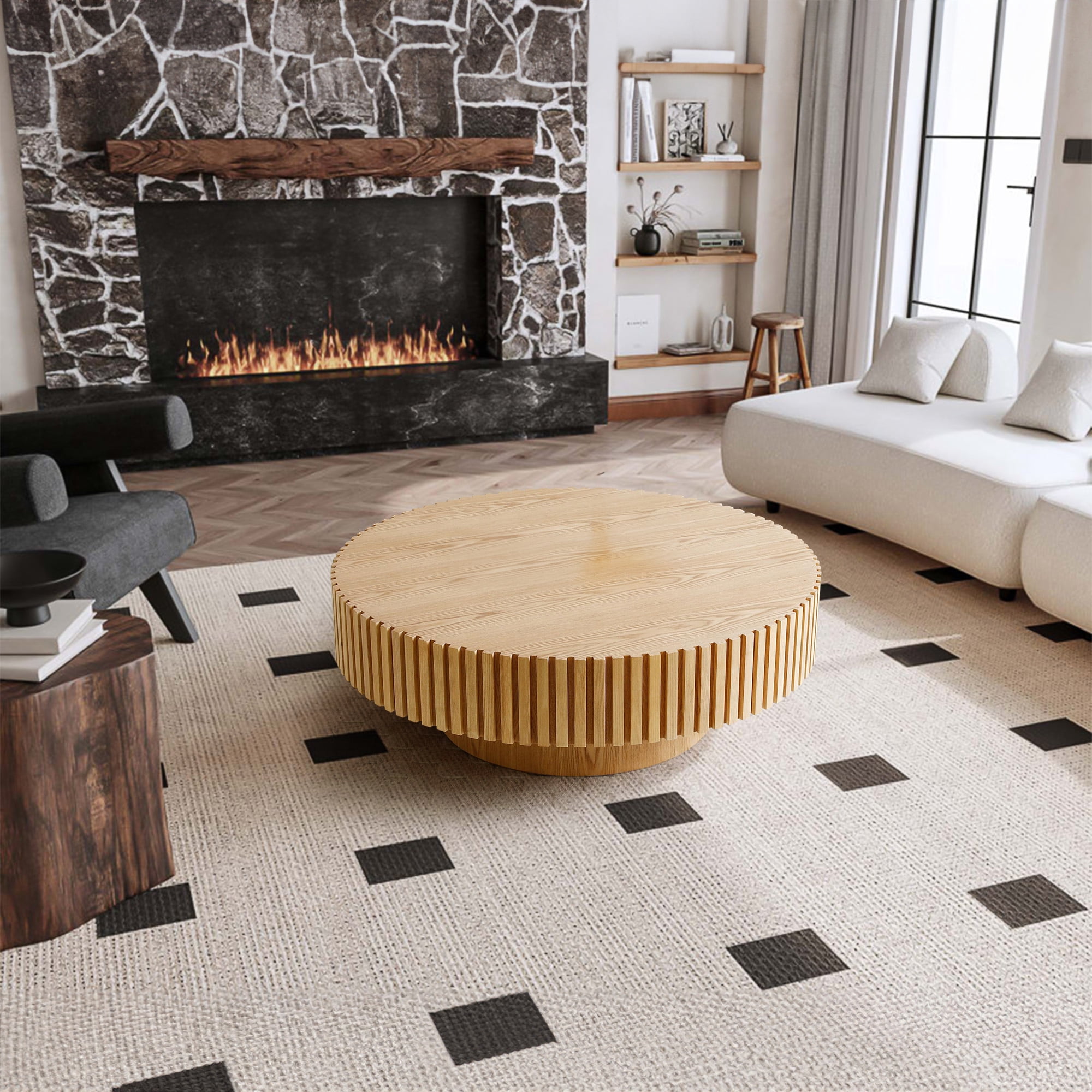 FFH 31.5" Round Coffee Table for Living Room,Rustic Modern Coffee Table with Sturdy Pedestal,Nature Wood Handcraft Corner Coffee Table,Circle Side Table Centre Table for Apartment,Nature