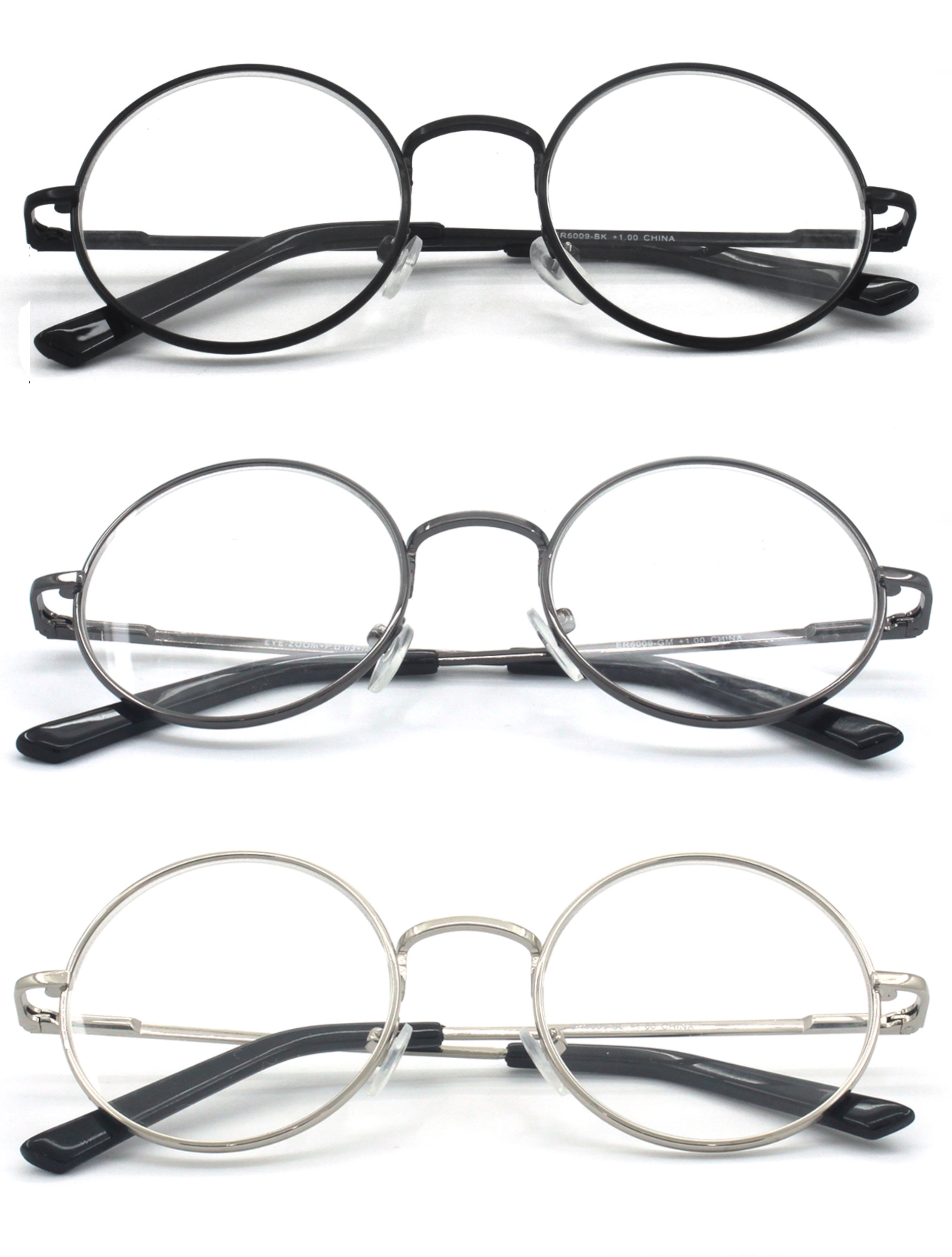 EYE ZOOM 3 Pack Metal Frame Round Reading Glasses with Spring Hinge ...