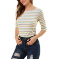 thumbnail image 4 of Allegra K Women's Casual Round Neck Elbow Sleeves Slim Fit Stripes T-Shirt, 4 of 6