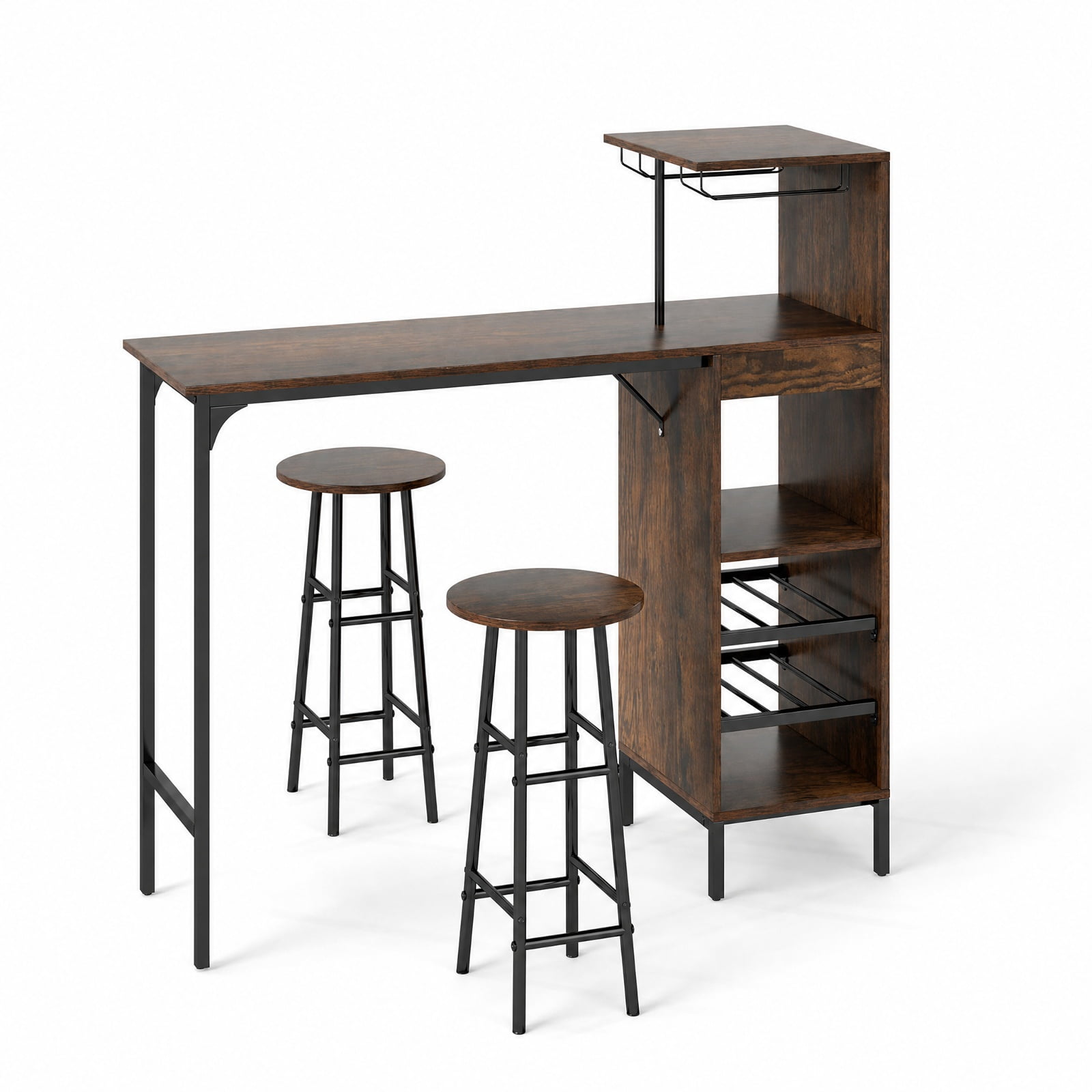 Furnibear 3 Piece Bar Table and Chairs Set with 6-Bottle Wine Rack for Kitchen Dining Room Breakfast Nook Home, Rustic Brown