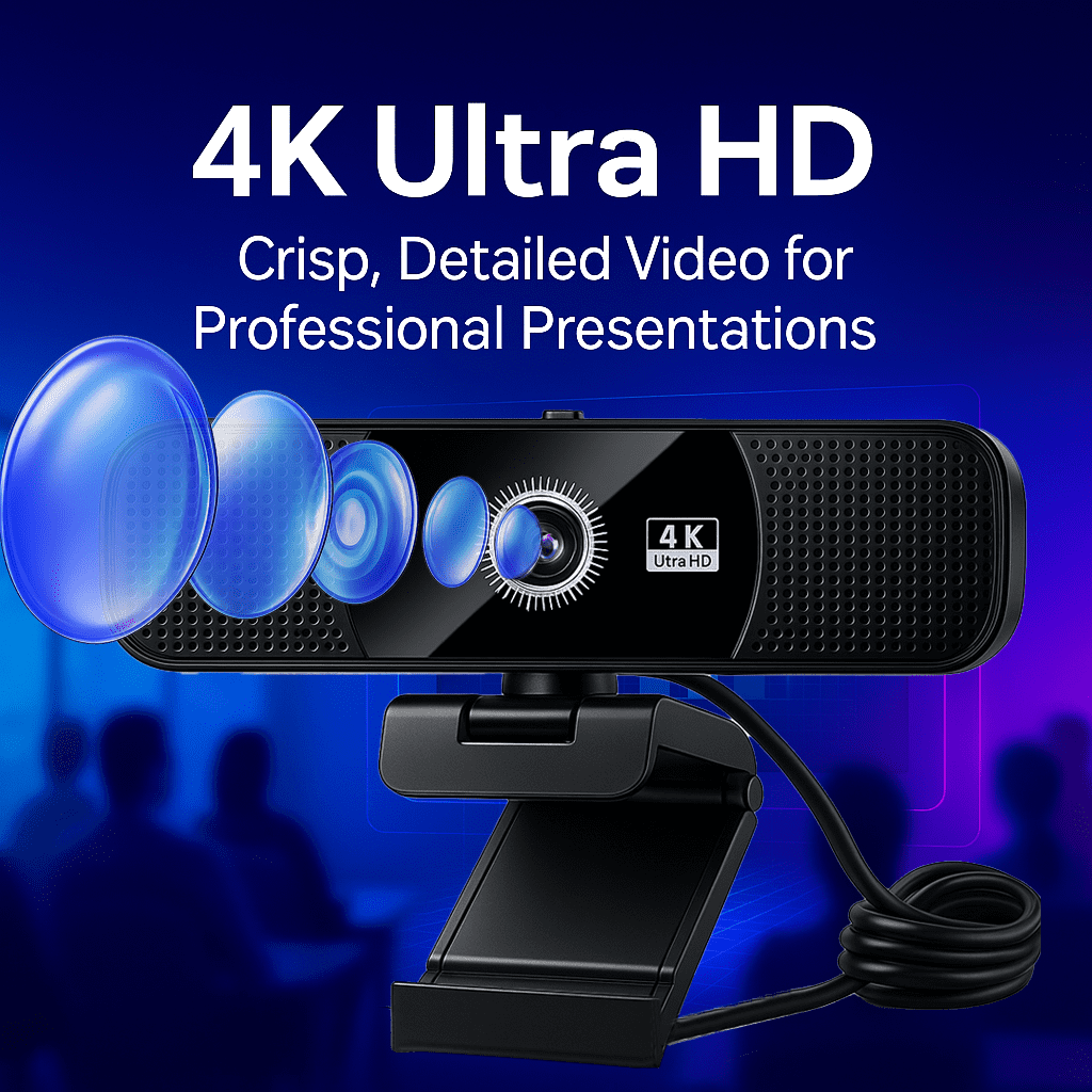 HI-FI Stereo Speakers&Dual Noise-Canceling Mics|4K Ultra HD Autofocus Conference Webcam|Built-In Battery for Streaming&Meetings