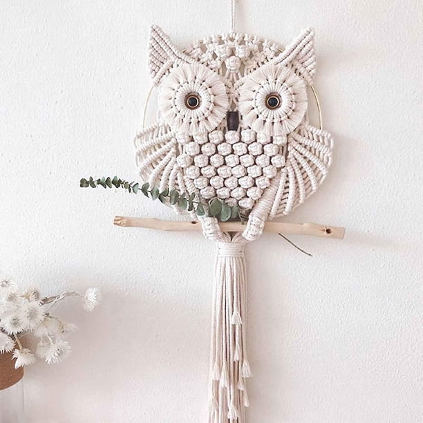 Tapiz tejido a mano con forma de búho, estilo bohemio, cuerda de algodón, tapiz tejido, sala de estar, hogar, dormitorio, adornos, decoración de pared, 15*35cm. Afortunado Sencillez