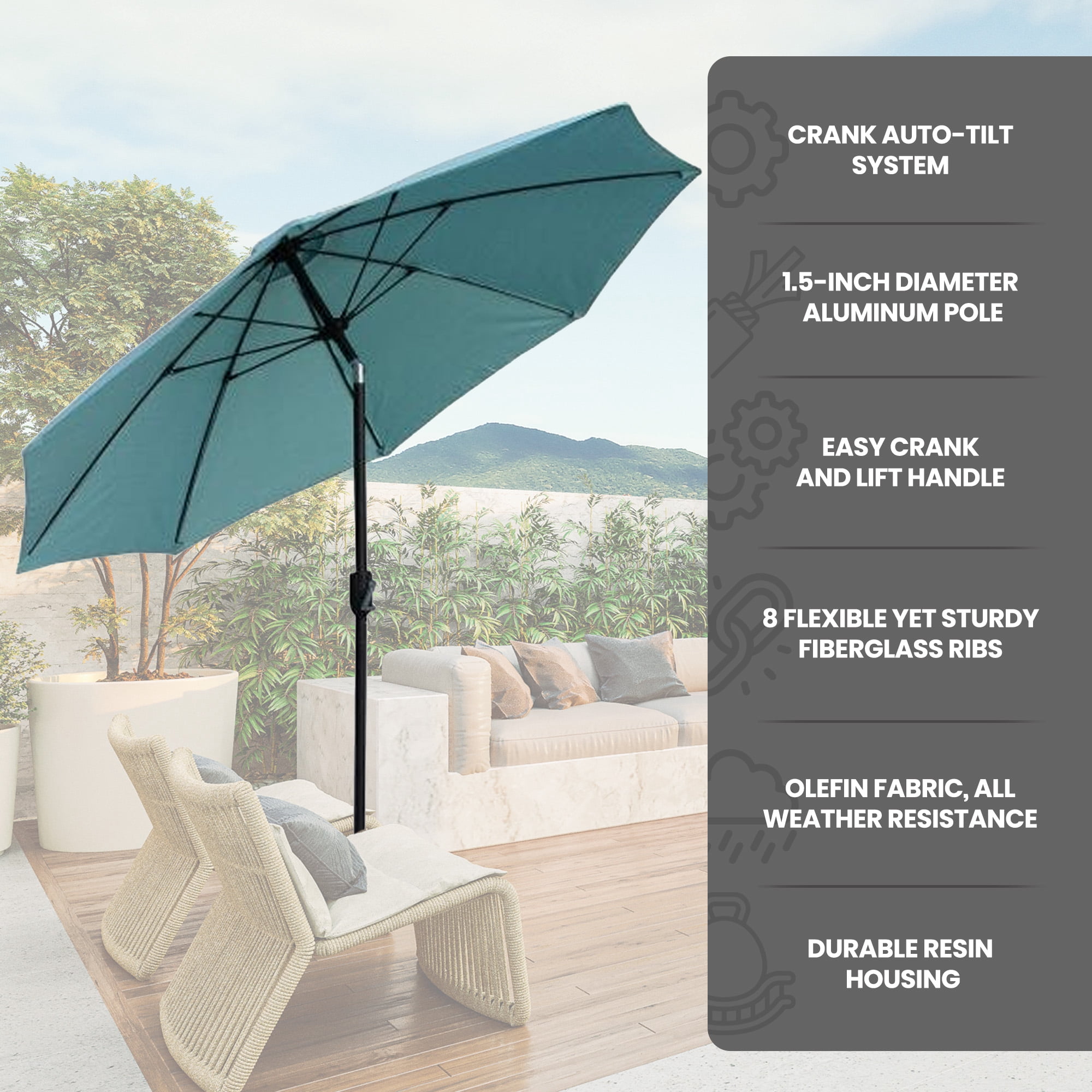 Four Seasons Courtyard 9 Foot Crank Lift Auto Tilt Patio Umbrella, Green
