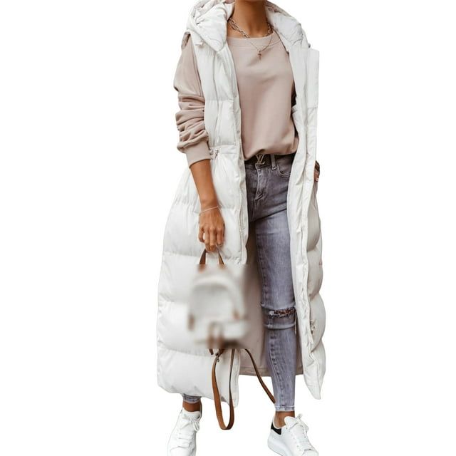 Faithtur Women's Long Quilted Hood Vest Solid Color Lightweight Zip Sleeveless Down Puff Jacket