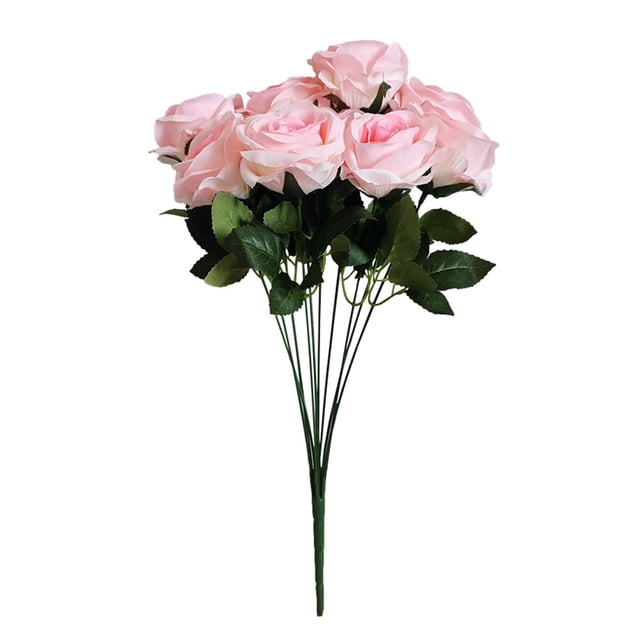 Ramo de novia de boda de flor de rosa artificial de 10 cabezas, ramo de flores de simulación de oficina en casa, rosa falso, rosa claro Noticed HA7036-03B
