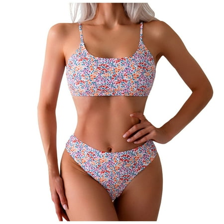 GEWSEY Bikini Set for Women Two Piece Swimsuit Bandeau Top Back Tie Mid Waisted Bottom with Removable Shoulder Straps Orange  S