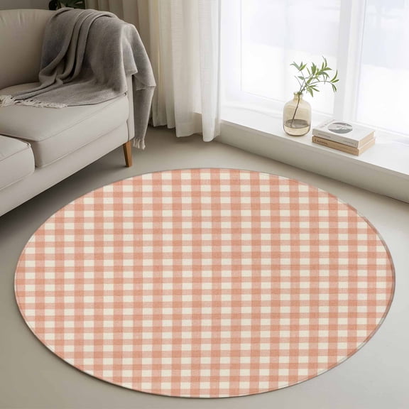 Peach Pink Plaid 3ft Area Rug, Gingham Checked Minimalist Modern Washable Non-Slip Small Round Rugs for Entryway Bedroom Kitchen, Soft Circle Carpet for Dining Room, Playroom Nursery Rug