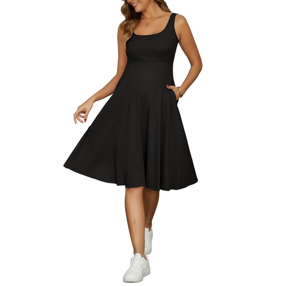 INSPIRE CHIC Women's Maternity Dresses A-Line Sleeveless Summer Sundress Flare Tank Dress with Pockets M Black