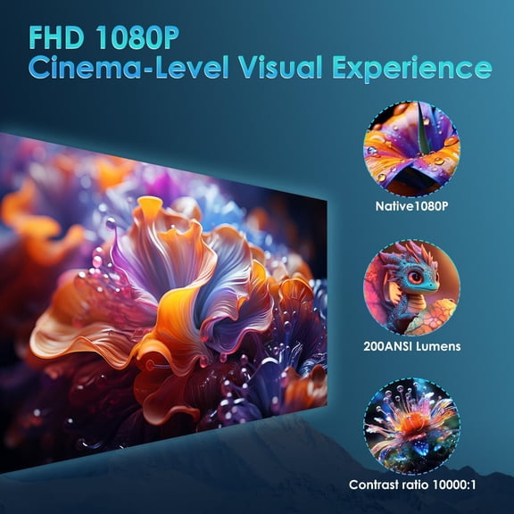 Projector with Auto , 1080P Native 4K Support, 250 ANSI Lumens Short Throw WiFi  Portable Outdoor Movie Projector for Home Theater