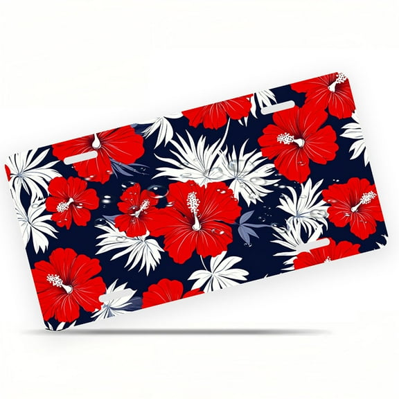 Hibiscus Floral Pattern Funny Personalized License Plate Rust-proof Stainless Steel Metal License Plate Suitable For Men And Women 12.2" x 6.2"